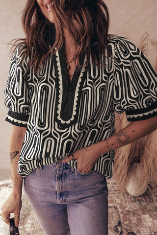black geometric print scallop patchwork blouse