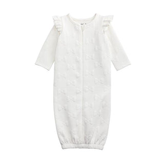 white quilted bow sleeper gown