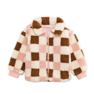 pink checkered sherpa toddler jacket