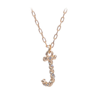 short metal necklace with textured “J” letter pendant