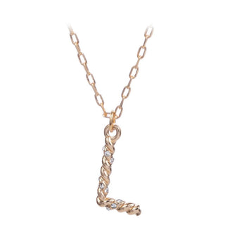 short metal necklace with textured “L” letter pendant