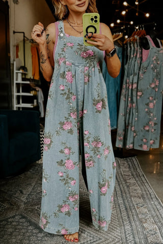 beau floral print wide leg denim jumpsuit
