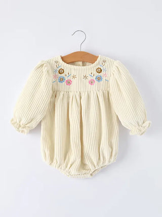 cream striped floral embroidery toddler girl romper