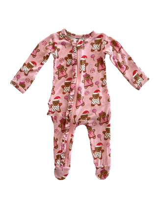 2-way ruffle zip footie -  gingerbread friends pink