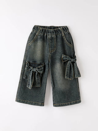 girls bow stretch wide-leg jeans