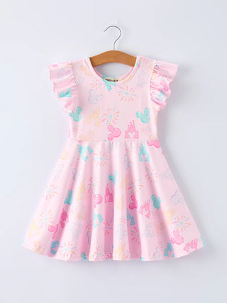 pink theme park print girls twirl dress