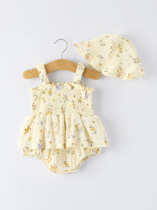 muslin floral smocked baby romper w/ matching hat