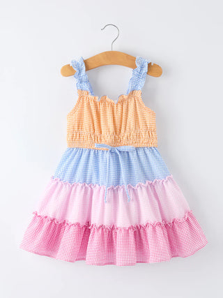 colorblock gingham girls ruffle dress