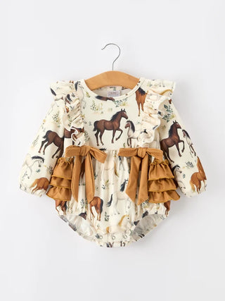 western horse girls romper bow ruffle long sleeve
