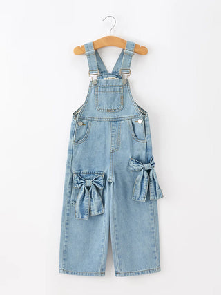 girls bow denim wide leg overalls