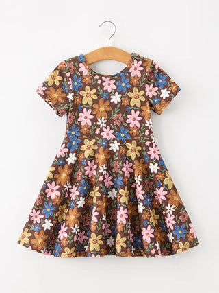 fall floral twirl girls short sleeve dress