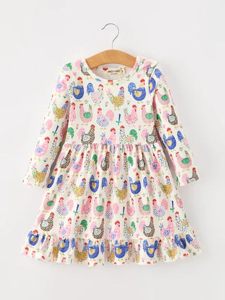 fall farm chicken print girls ruffle hem twirl dress
