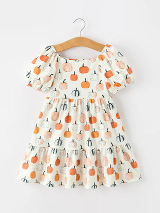 fall pumpkin puff sleeve girls dress