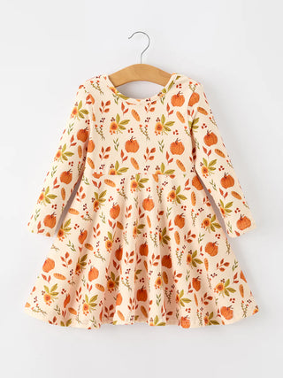 fall pumpkin floral girls twirl dress long sleeve