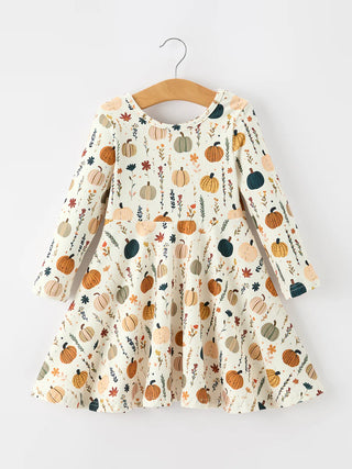 fall orange pumpkin & leaf twirl girls dress
