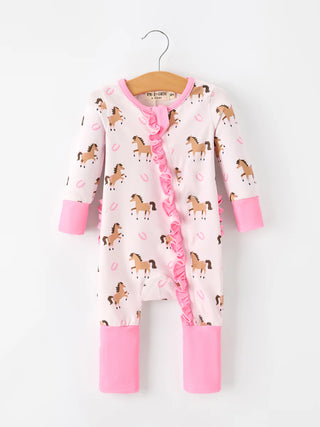 western horse print girls romper ruffle zipper long sleeve