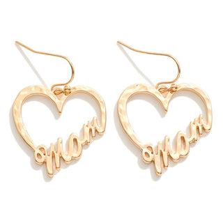 hammered metal heart "mom" drop earrings
