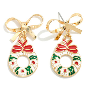 christmas wreath drop earrings w/ bow posts