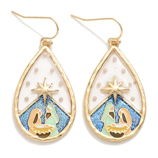 stained glass nativity drop earrings