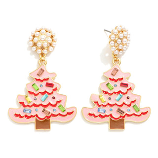 pink christmas tree drop earrings