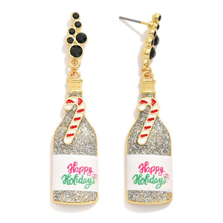 glitter ' happy holidays' champagne bottle post stud earrings