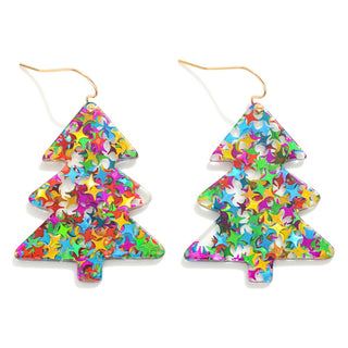 glitter resin christmas tree drop earrings