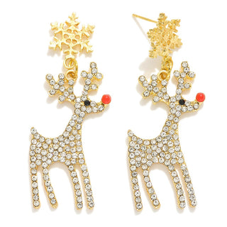rhinestone reindeer drop earrings w/ snowflake post