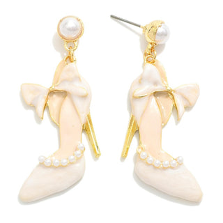 high heel shoe & bow post drop earrings