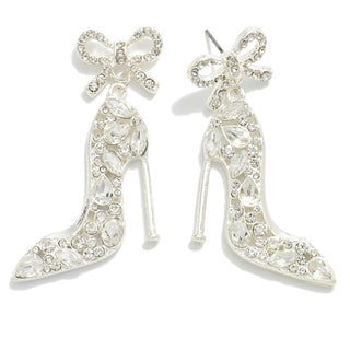 rhinestone studded high heel shoe & bow post drop earrings