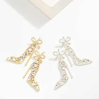 rhinestone studded high heel shoe & bow post drop earrings