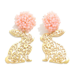 metal tone easter bunny drop earrings with floral cutout