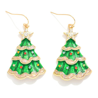 glitter christmas tree earrings w/ rhinestone