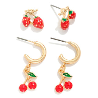 strawberries & cherries stud & hoop earrings, set of 3