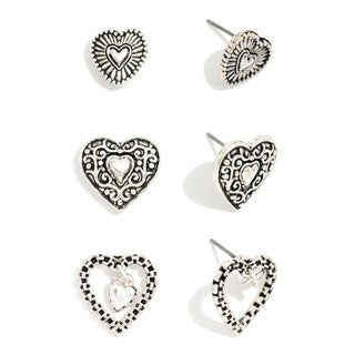 textured metal heart post drop earrings - assorted