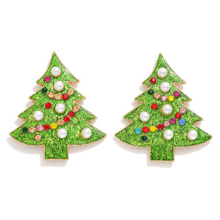 pearl & rhinestone christmas tree earrings