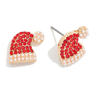rhinestone & pearl santa hat stud earrings