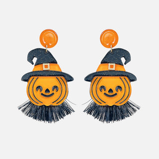 sparkling jack‑o’‑lantern witch hat drop earrings