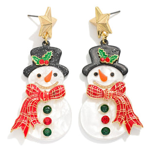 acetate snowman dangle earrings with metal star post - assorted