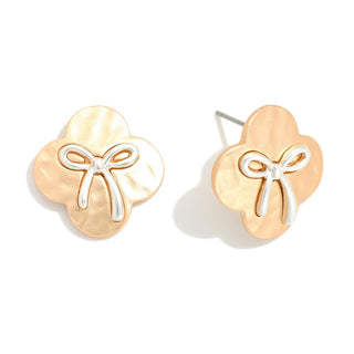 matte metal clover post earrings featuring bow detail - assorted