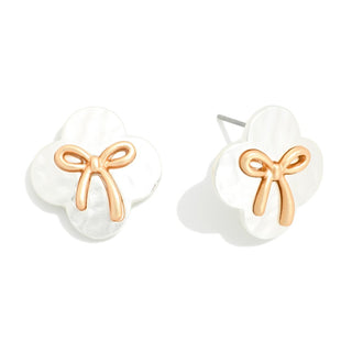 matte metal clover post earrings featuring bow detail - assorted