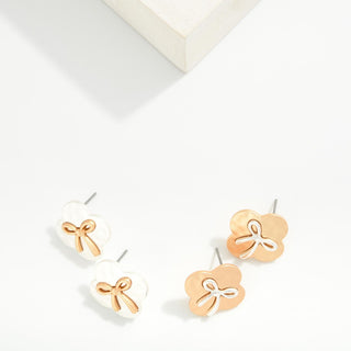 matte metal clover post earrings featuring bow detail - assorted