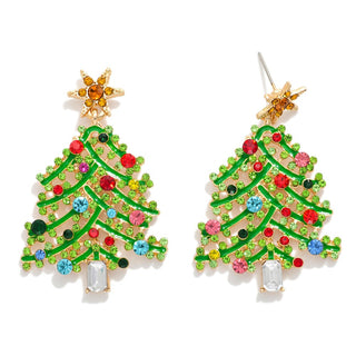 holiday enamel tree earrings with rhinestone accents