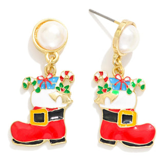 santa boot post drop earrings with pearl accent