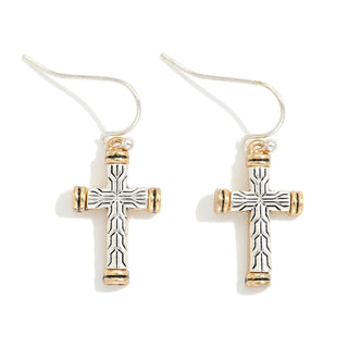 textured metal cross drop earrings