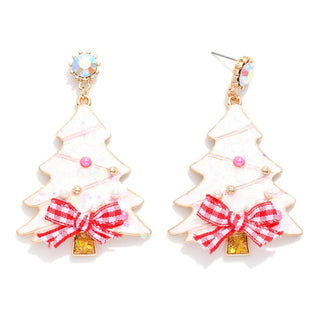 christmas tree glitter earrings with plaid bow & rhinestone post - assorted