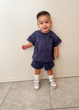 acid wash short set - navy