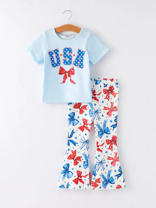 4th of july USA bow print girl set