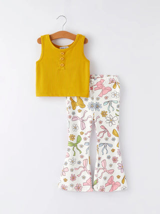 yellow girls top bow floral print bell bottom pant set