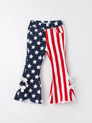 4th of july patriotic star stripe bow flare pant