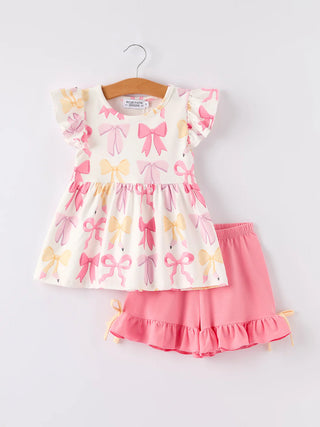 girl's summer bow short sleeve shorts set